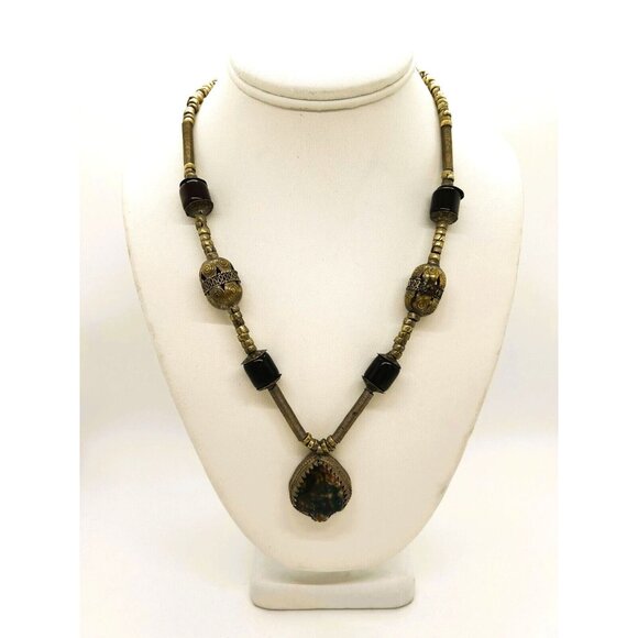 Ethnic Tribal Necklace with Bloodstone Jasper Pendant Brass Setting and Beads - Picture 4 of 15